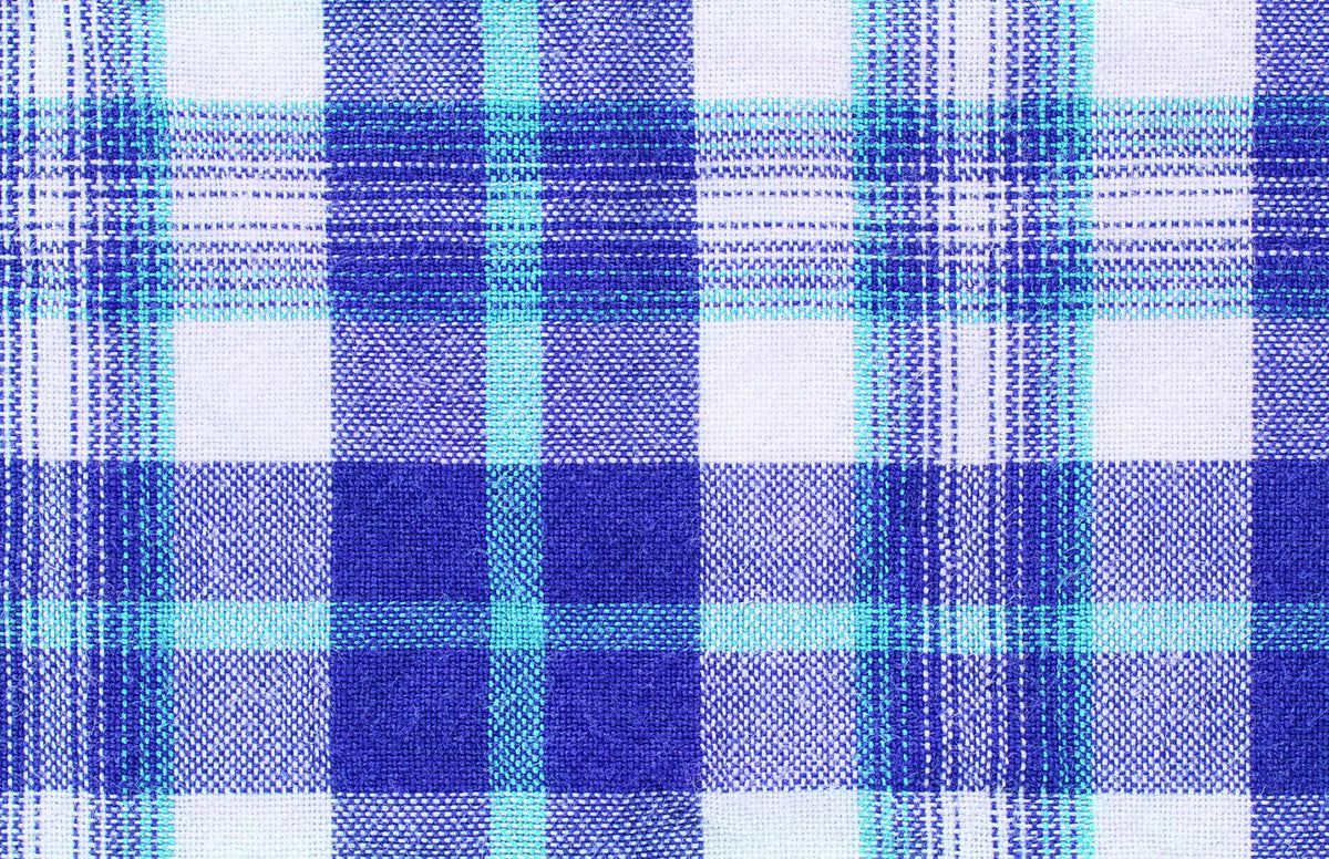 Blue and white check fabric close-up, illustrating a blue check print